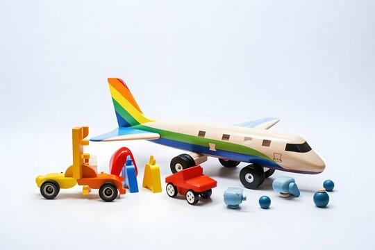 Colorful Toy Truck and Airplane with Rainbow Tail Flying High in the Sky Generative AI
