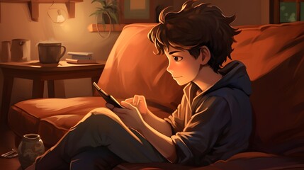 Young boy engrossed in digital tablet while relaxing on a comfortable couch in a cozy living room setting. Generative AI