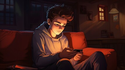 Relaxing on the Couch Man Engrossed in Mobile Phone Screen Generative AI