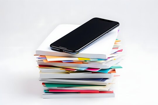 Modern Technology Meets Classic Literature Cell Phone Resting on Pile of Books Generative AI