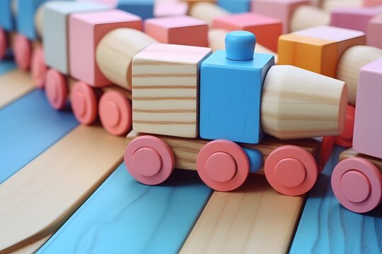 Vibrant Wooden Toy Train on Colorful Table for Playtime and Learning Activities Generative AI
