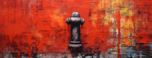 Vibrant Fire Hydrant Artwork Against Bold Red and Yellow Backgrounds on Textured Wall Generative AI