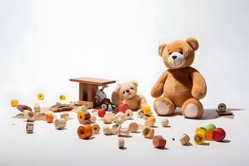 Colorful Toy Collection with Adorable Teddy Bear on Wooden Floor for Playtime and Fun Generative AI