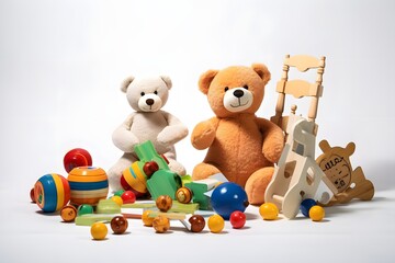 Two Adorable Teddy Bears Enjoying Playtime with Their Favorite Toys Generative AI