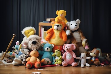 Colorful Collection of Stuffed Animals on Table Next to Bookcase in Cozy Home Interior Generative AI