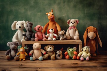 Assorted Plush Toys and Stuffed Animals on Rustic Wooden Bench in Playroom or Nursery Decor Generative AI