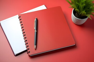 Red Notebook with Pen and Plant on Top, Perfect for Journaling and Note-Taking in a Natural Setting Generative AI