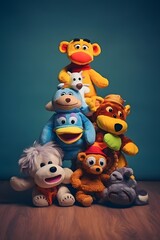 Adorable Collection of Colorful Stuffed Animals on Wooden Table for Playful Kids' Room Decor or Toy Store Display Generative AI