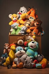 Assorted Stuffed Animals in a Rustic Wooden Box - Cute and Colorful Plush Toys for Kids' Playtime and Decorative Display Generative AI