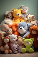 Group of Colorful Stuffed Animals Sitting Together on the Floor in a Playroom Generative AI