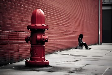 Vibrant Red Fire Hydrant Standing Proudly on Sidewalk Next to Rustic Brick Wall in Urban Setting Generative AI