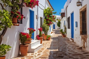 Charming Arafed Alleyway Lined with Lush Potted Plants and Colorful Flowers on Historic Building Facades Generative AI