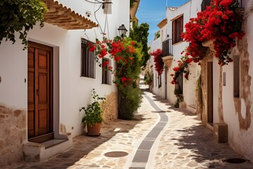Fototapeta na wymiar Charming Narrow Street Lined with Colorful Flowers and Lush Plants in a Quaint Town Generative AI