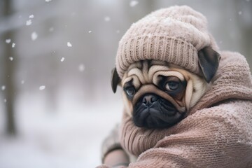 Adorable Pug Dog Dressed in Winter Attire with a Cozy Hat and Sweater, Perfect for Holiday Greetings and Cards. Generative AI