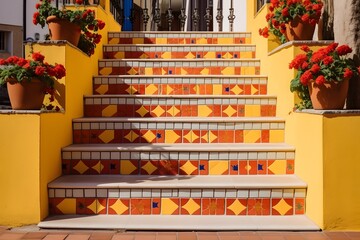 Vibrant Red and Yellow Tiled Steps Adorned with Lush Potted Plants and Blooming Red Flowers Generative AI