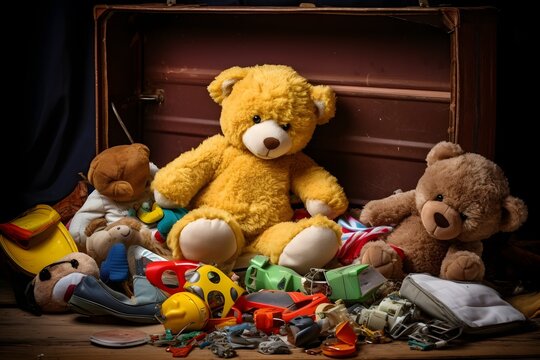Assorted Stuffed Animals Packed in a Suitcase on the Floor for Travel or Storage Purposes Generative AI