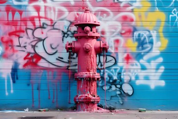 Colorful Graffiti Artwork on a Brick Wall with a Red Fire Hydrant in the Foreground Generative AI