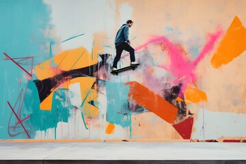 Skateboarder in Action Amidst Vibrant Graffiti Art on a City Wall Generative AI