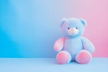 Adorable Blue Teddy Bear Sitting on a Playful Pink and Blue Background for Children's Toys and Decor Generative AI