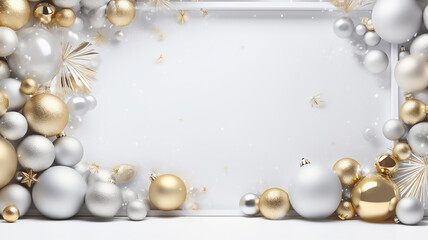Fototapeta na wymiar White frame background with gold and silver decorations. Minimalist and monochromatic
