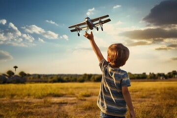 Excited young boy playing with a toy airplane in a vast open field on a sunny day Generative AI