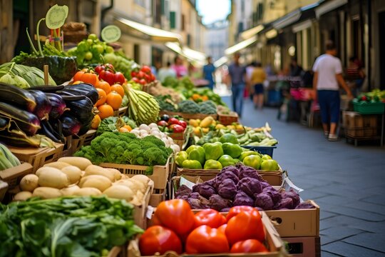 Fresh and Colorful Assortment of Seasonal Vegetables Displayed in Boxes on the Sidewalk Generative AI