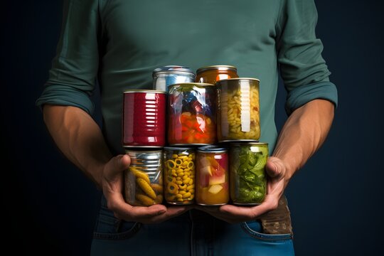 Stocking Up For The Future Man Holding A Pile Of Canned Food For Emergency Preparedness Generative AI