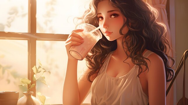 Healthy Lifestyle Woman Enjoying a Glass of Milk by the Window in the Morning Sunlight Generative AI