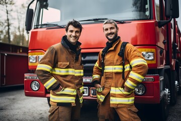 Group of firefighters in full gear standing in front of a red fire truck parked in a lot on a sunny day Generative AI
