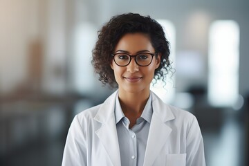 Friendly female scientist wearing lab coat and glasses standing confidently in laboratory room with a smile Generative AI - obrazy, fototapety, plakaty