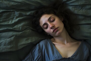 Relaxed young woman enjoying a peaceful nap in bed with closed eyes and serene expression Generative AI