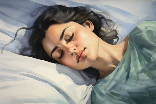 Peaceful Slumber A Serene Painting of a Woman Sleeping Comfortably on a Blue Sheet in Her Bed Generative AI
