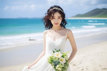 Fototapeta na wymiar Beautiful Bride Holding Bouquet of Flowers on a Sunny Beach for Wedding Ceremony Generative AI