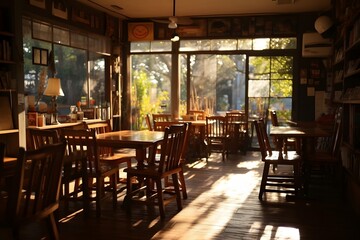 Fototapeta na wymiar Cozy Dining Experience with Natural Sunlight Illuminating Rustic Wooden Tables and Chairs in Restaurant Interior Generative AI