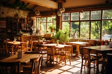 Fototapeta na wymiar Spacious and Bright Restaurant Interior with Abundant Seating and Large Windows for Natural Light Generative AI