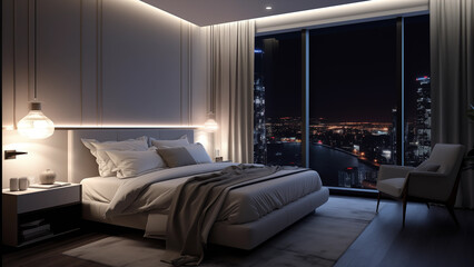 White interior hotel bedroom with night city view outside the window - obrazy, fototapety, plakaty