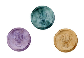 Hand drawn watercolor Mardi Gras carnival symbols. Rex coin doubloon throw with fleur de lis lily iris flower. Single object isolated on white background. Design for party invitation, print, shop © Elena