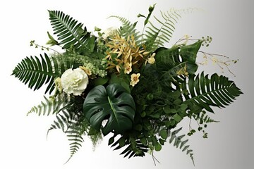Fototapeta na wymiar Tropical green leaves foliage plants bush, Monstera, fern and Eucalyptus leaves with gold glitter particles floral arrangement bunch for wedding and ceremony decoration, Generative AI 