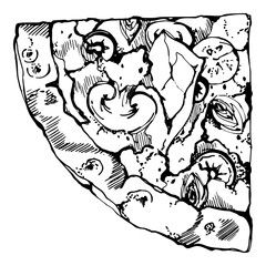 Hand drawn vector ink illustration. Capricciosa pizza slice, mozzarella tomato basil olive prosciutto champignon. Single object isolated on white. Restaurant menu cafe food shop package, flyer print.