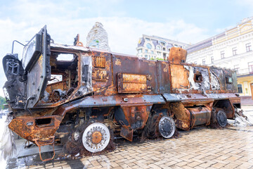 Burnt destroyed enemy military equipment is displayed on the city square in Kyiv.