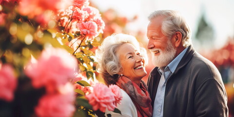 Beautiful elderly couple in the park, smiling couple walking , Generative Ai - obrazy, fototapety, plakaty