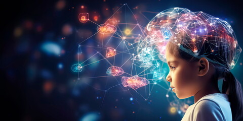 Digital hologram of a child's mind. Brain neuron network . Generative Ai - obrazy, fototapety, plakaty