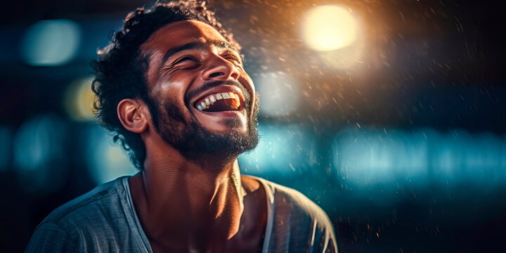 Happy man with a smile on his face. Happy man in hard times . Generative AI