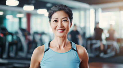 Fototapeta premium Middle-aged asian woman in a sport studio with women on background