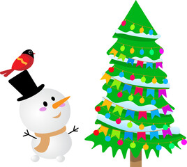 Christmas story time. A snowman and a bird look at a decorated Christmas tree. Christmas and New Year vector composition.