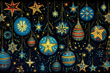 Christmas background. Bright, cheerful drawn elements. Glass balls, Christmas trees, stars - 684085475