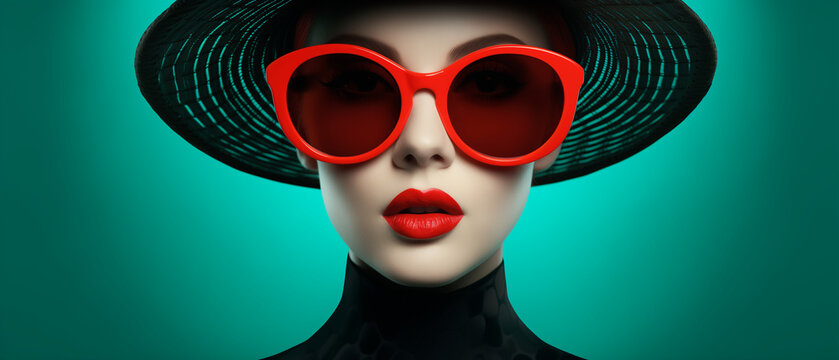 Fashion Forward: Stylish Woman with Red Lips in Red Sunglasses and Fashionable Hat. Fashion Style Cover Magazine and Wallpaper - Powered by Adobe