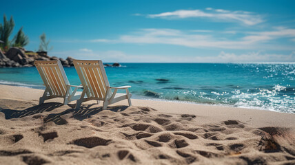 Fototapeta na wymiar Tranquil Beach Vacation: Absence of People, Relaxing Chair by the Shore, Horizon over Water