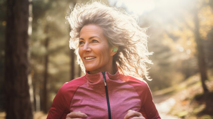 Portrait of a middle aged woman running in the wilderness with sun through the nature and leaves