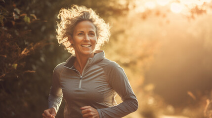 Portrait of a middle aged woman running in the wilderness with sun through the nature and leaves - obrazy, fototapety, plakaty